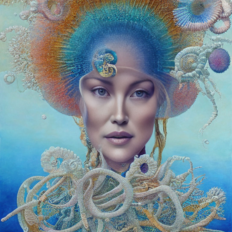 Surreal portrait of woman with marine-themed embellishments