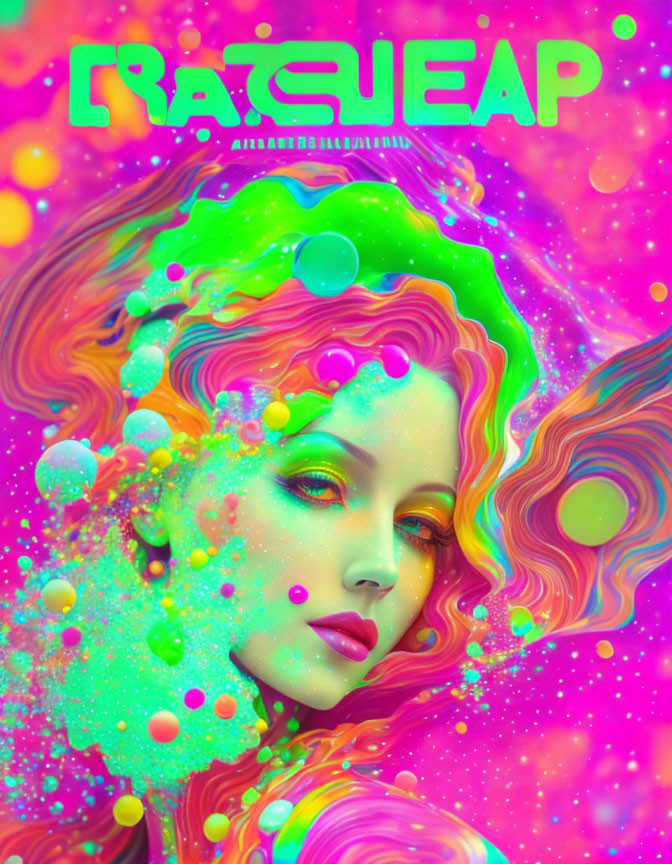 Vibrant swirling colors in a psychedelic digital portrait with abstract liquid patterns and 'RACQUEAP