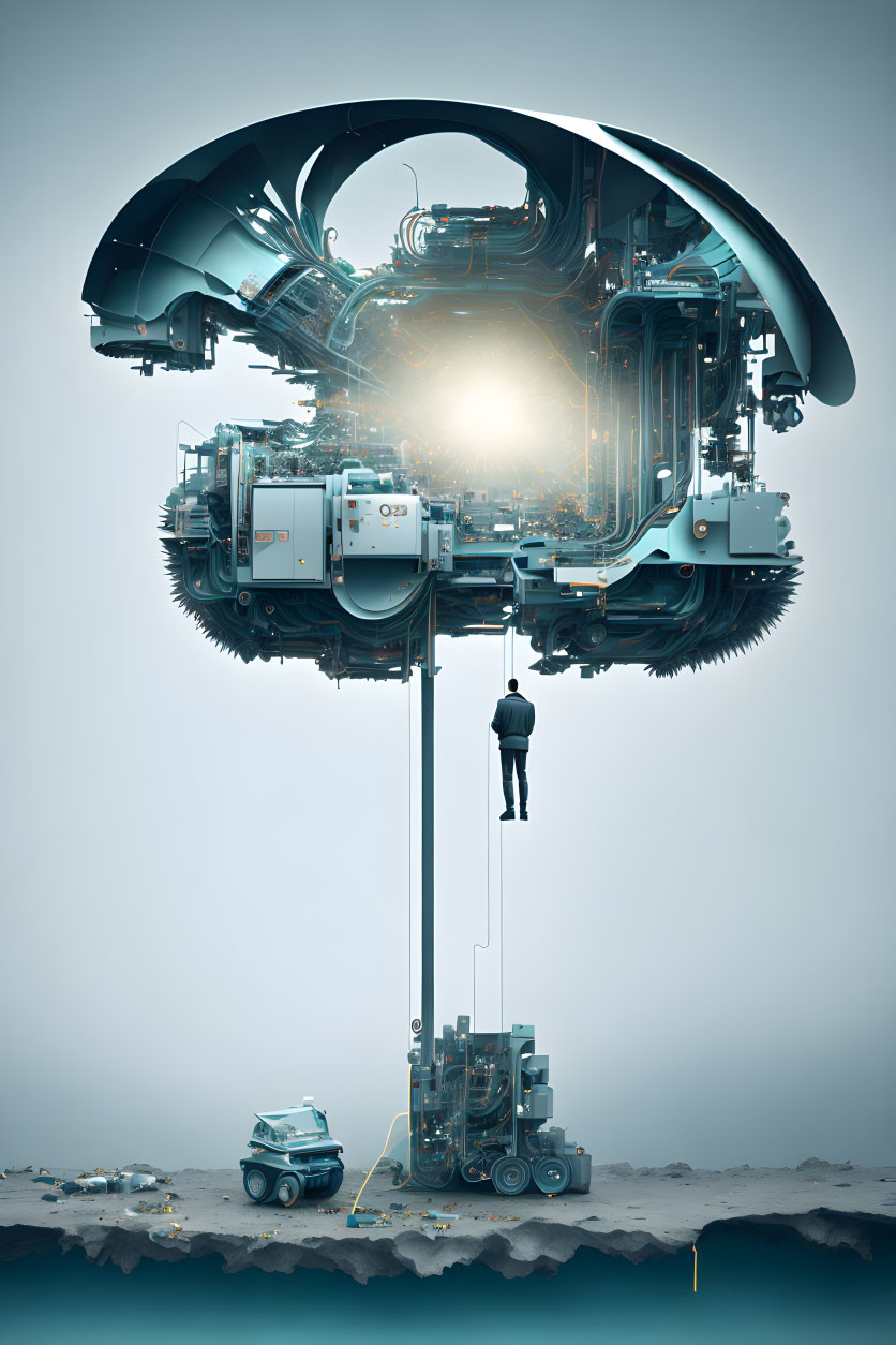 Intricate futuristic machinery hovers over barren ground with suspended figure.