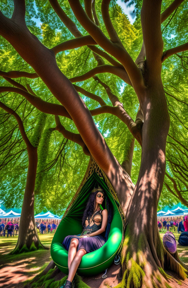 Woman relaxing in hanging egg chair under vibrant trees in festive park