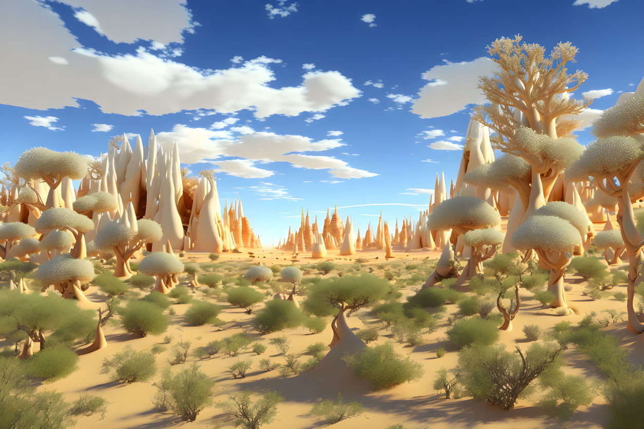 Unique desert scenery with bulbous trees and towering rocks under clear sky