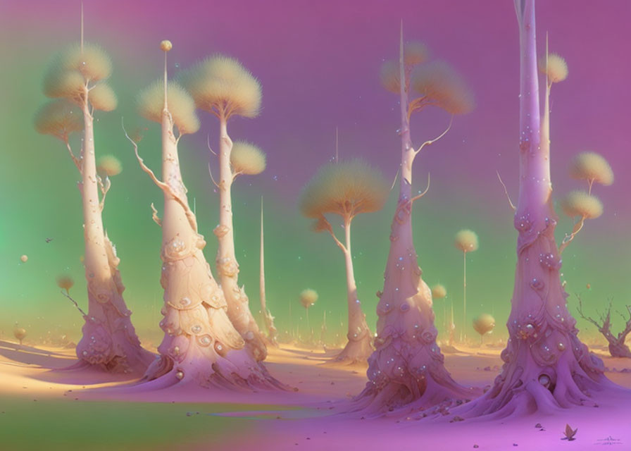 Whimsical trees and floating orbs in surreal landscape