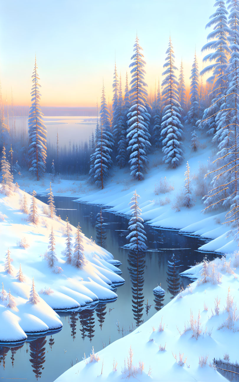 Snow-covered winter landscape with river at sunrise.