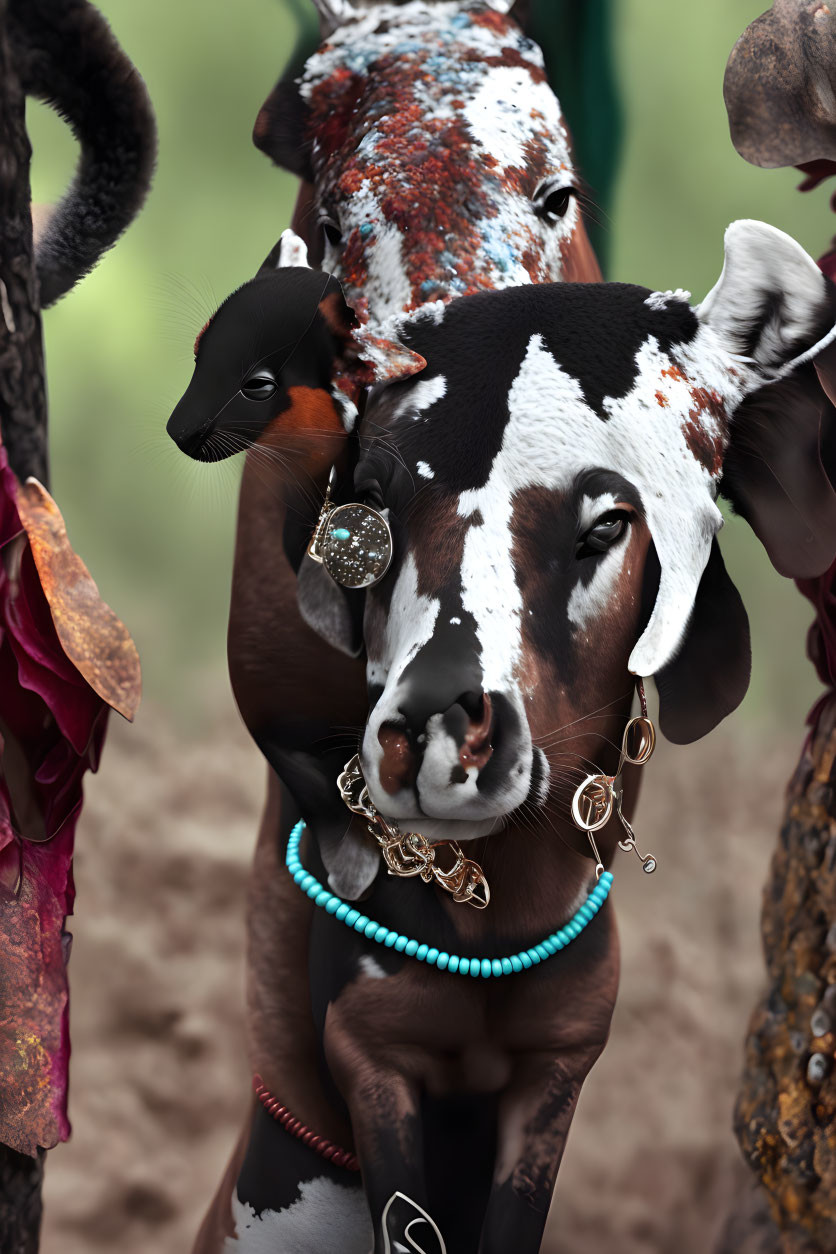 Adorned cow with painted horns and calf in natural setting