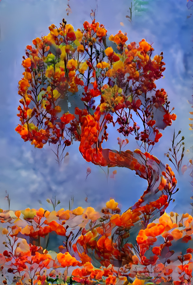 twisted tree - red, orange & yellow flowers