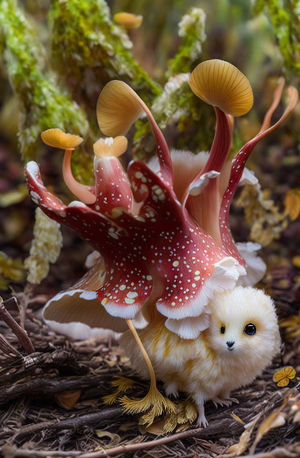 Fluffy white owl creature with red mushroom wings in woodland flora