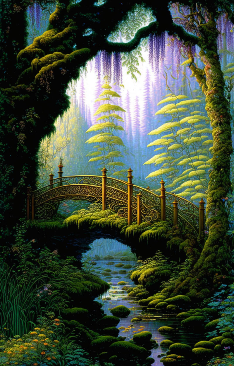 Mystical forest scene with ornate bridge, moss-covered trees, and ethereal light.