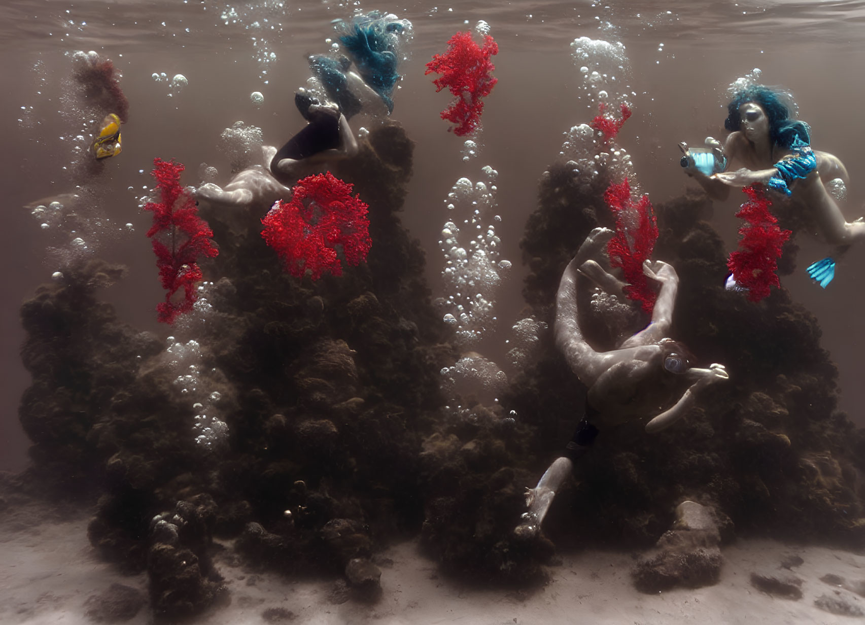 Underwater Divers Discover Red Coral and Rocks Amid Bubbles