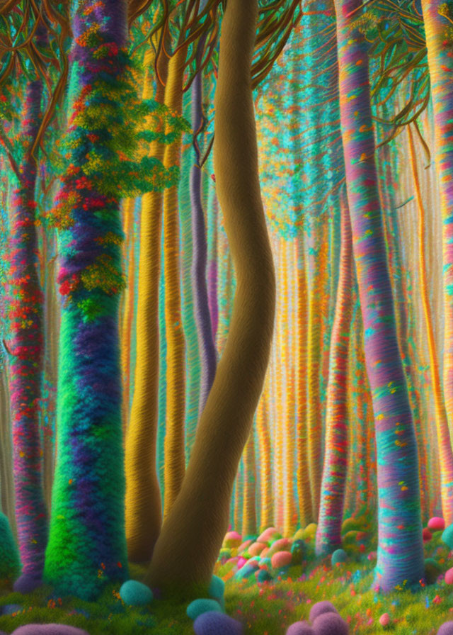 Colorful Swirling Tree Trunks in Fantasy Forest