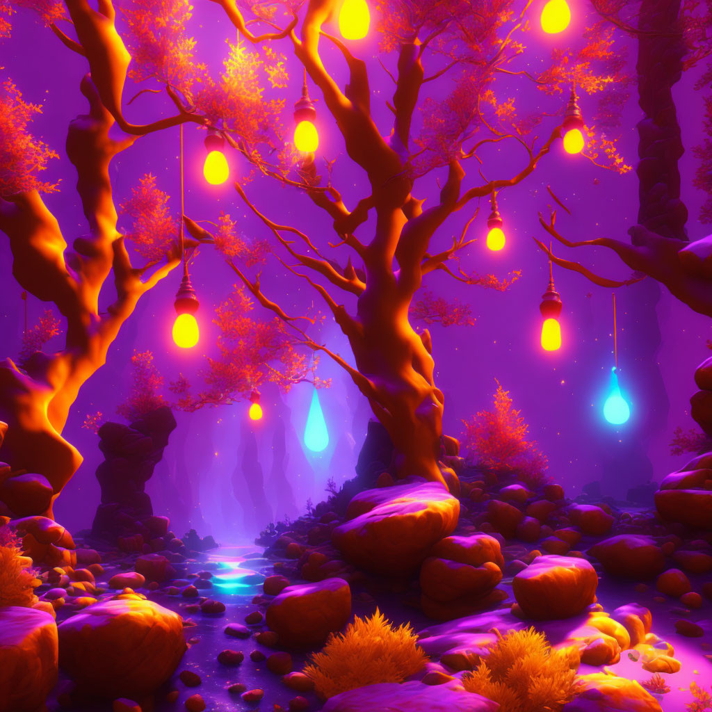 Mystical forest with glowing lights, twisted trees, serene stream, vibrant purple hues