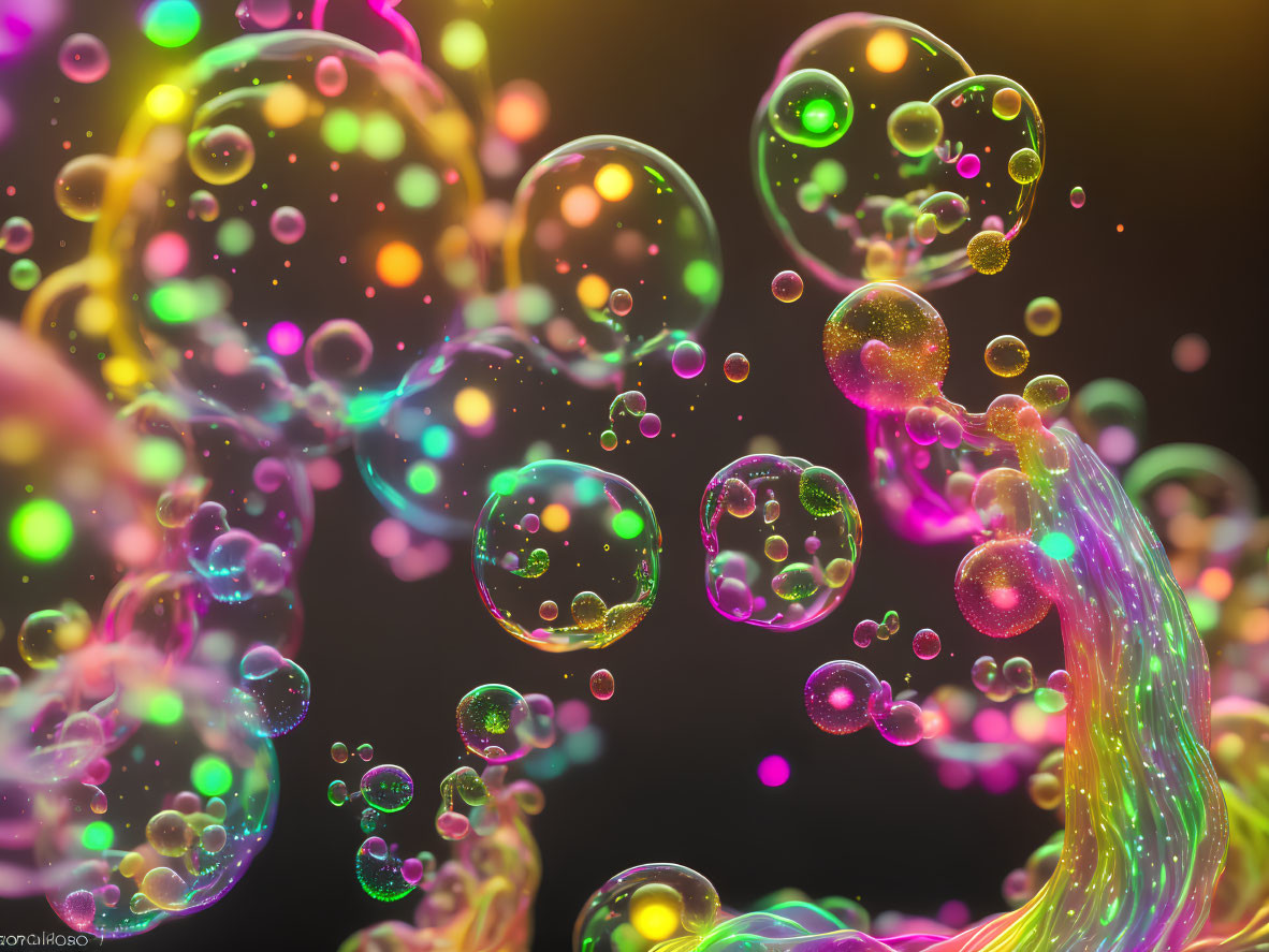 Colorful bubbles and neon wave on dark background