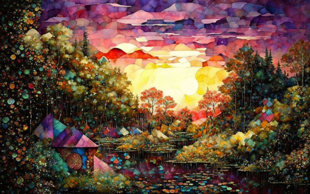 Colorful Watercolor Painting: Geometric Forest, Cabin, Lake, Sunset Sky