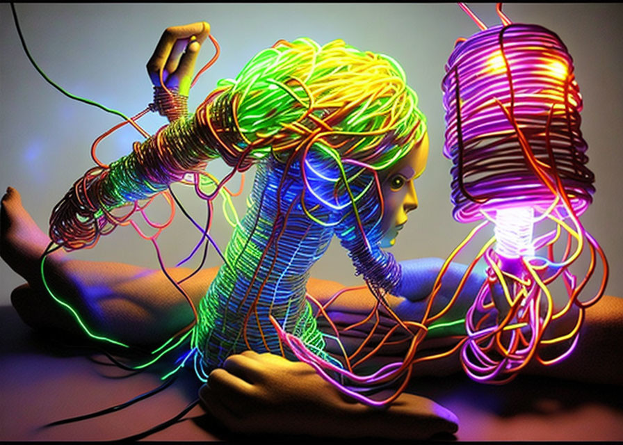 Colorful Neon Wire-Wrapped Figure Artwork on Dark Background