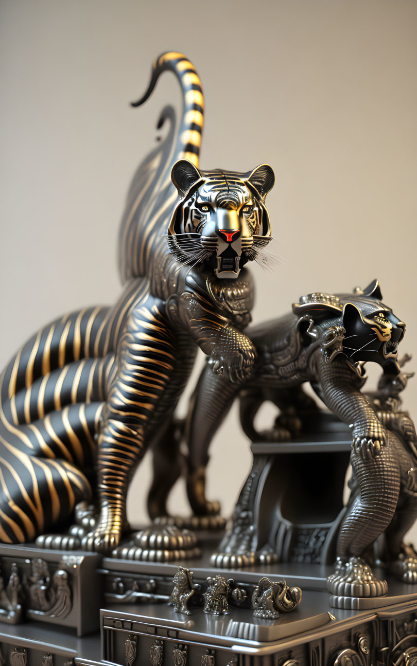 Ornate metallic tiger sculptures on decorative platform