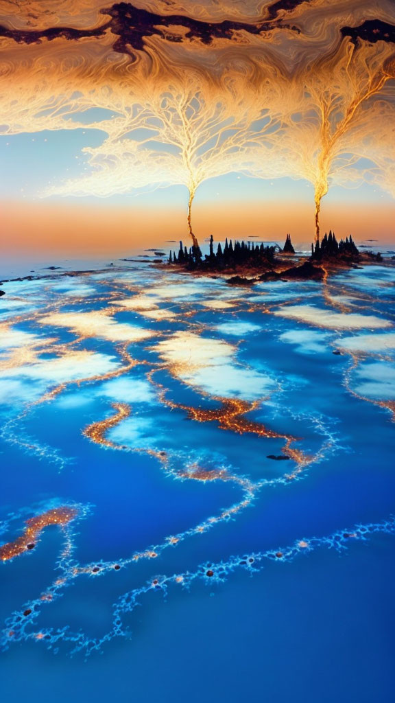 Surreal mirrored landscape with fiery orange sky and vibrant blue water