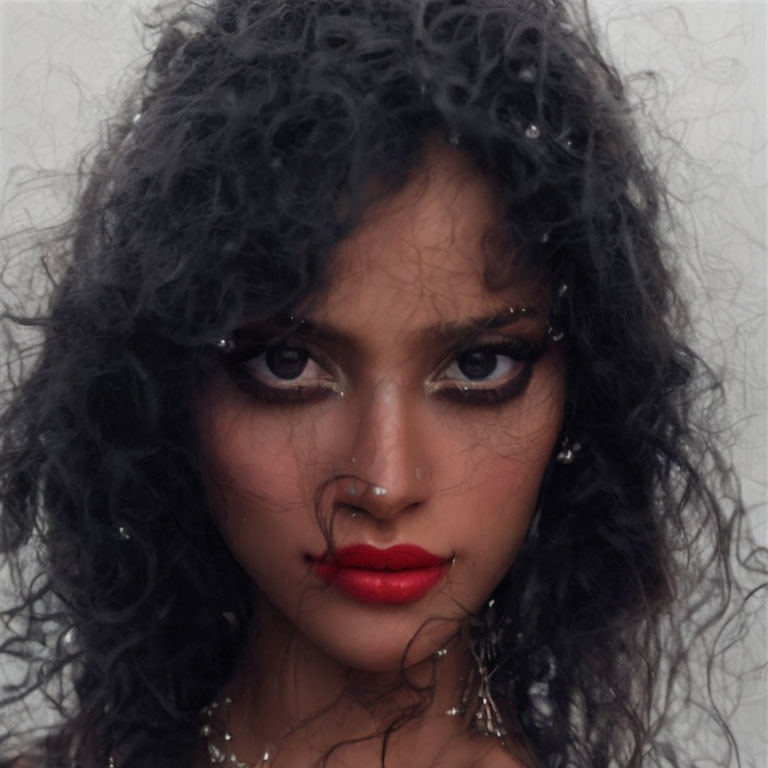 Portrait of person with dark wavy hair, bold makeup, nose ring, and piercing gaze