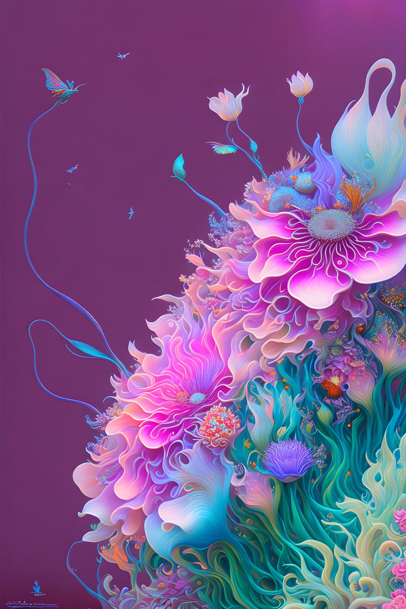 Fantastical purple floral arrangement with butterflies in digital art