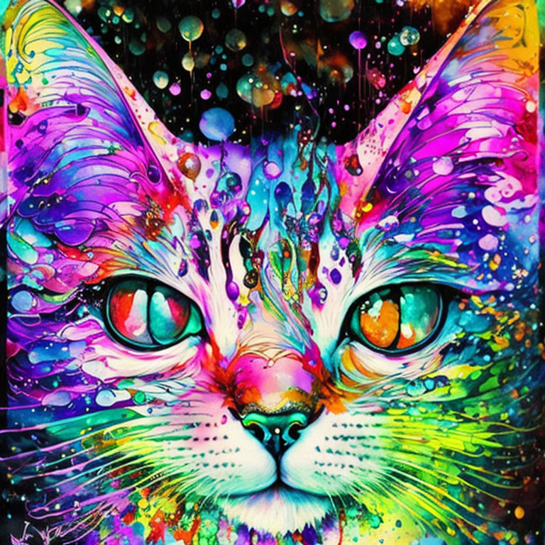 Colorful psychedelic cat art with rainbow hues and swirling patterns on a space-like backdrop