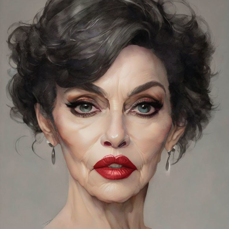 Digital portrait: Older woman with gray curly hair, red lipstick, and earrings