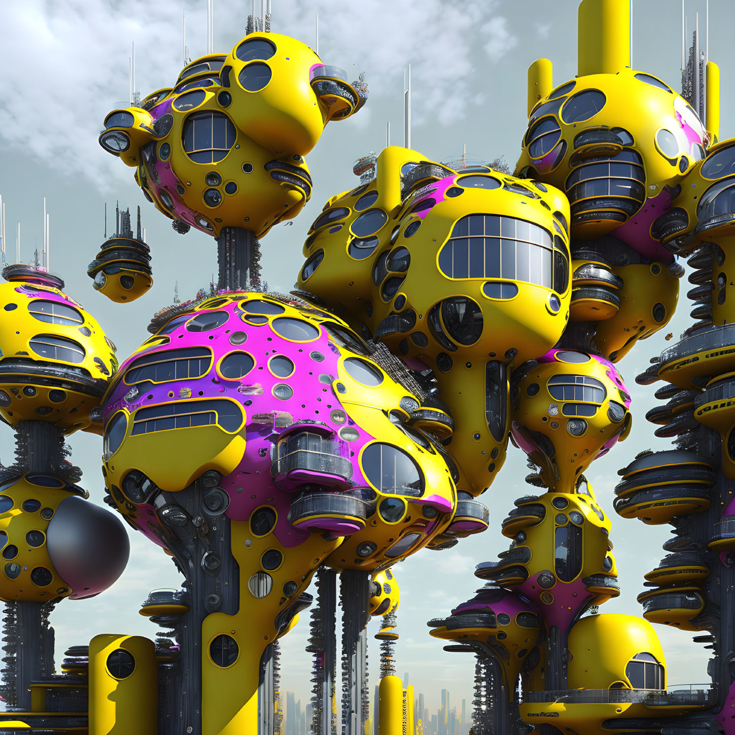 Futuristic surreal cityscape with yellow and purple structures under blue sky