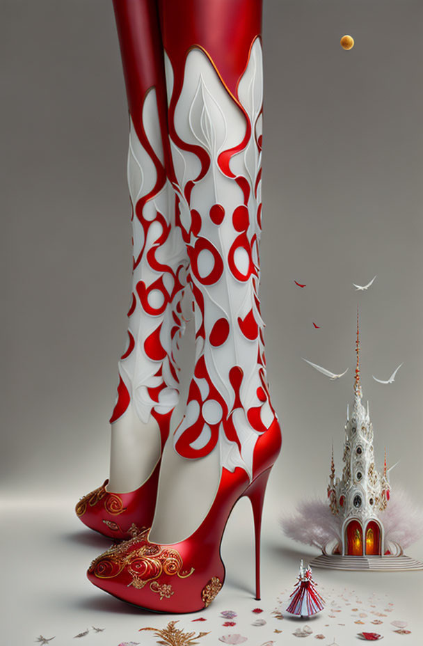 Stylized red and white high-heeled boots with castle and birds on neutral background