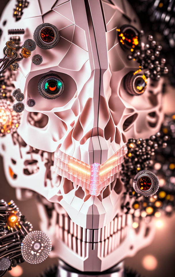 Colorful humanoid robotic face with intricate mechanical details in digital artwork