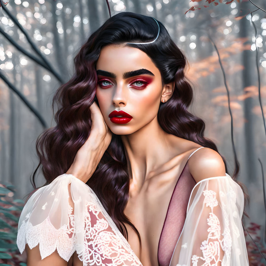 Digital artwork featuring woman with red makeup in forest setting