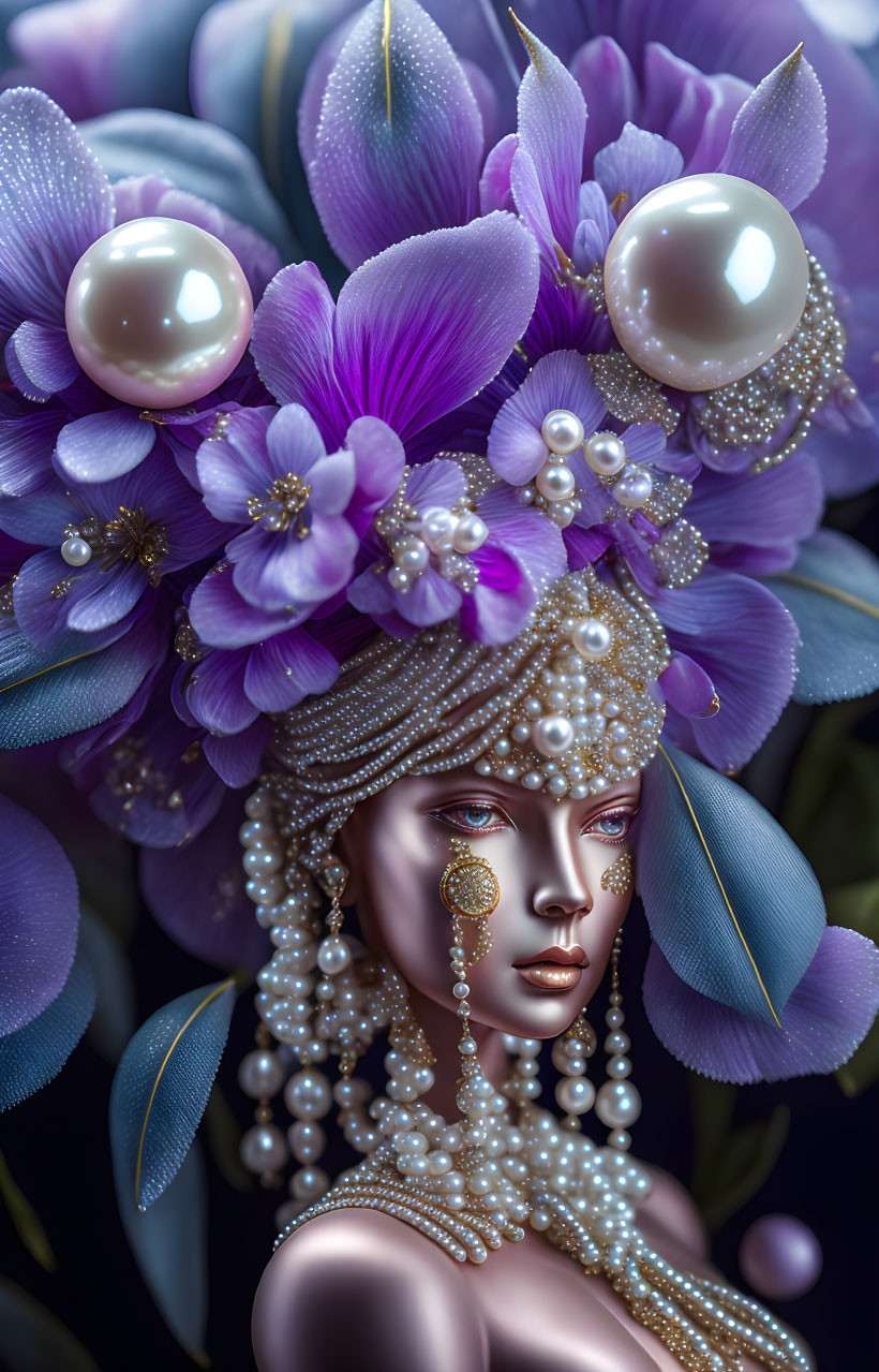 Digital Artwork: Woman with Purple Flowers, Pearls, and Hair Jewelry