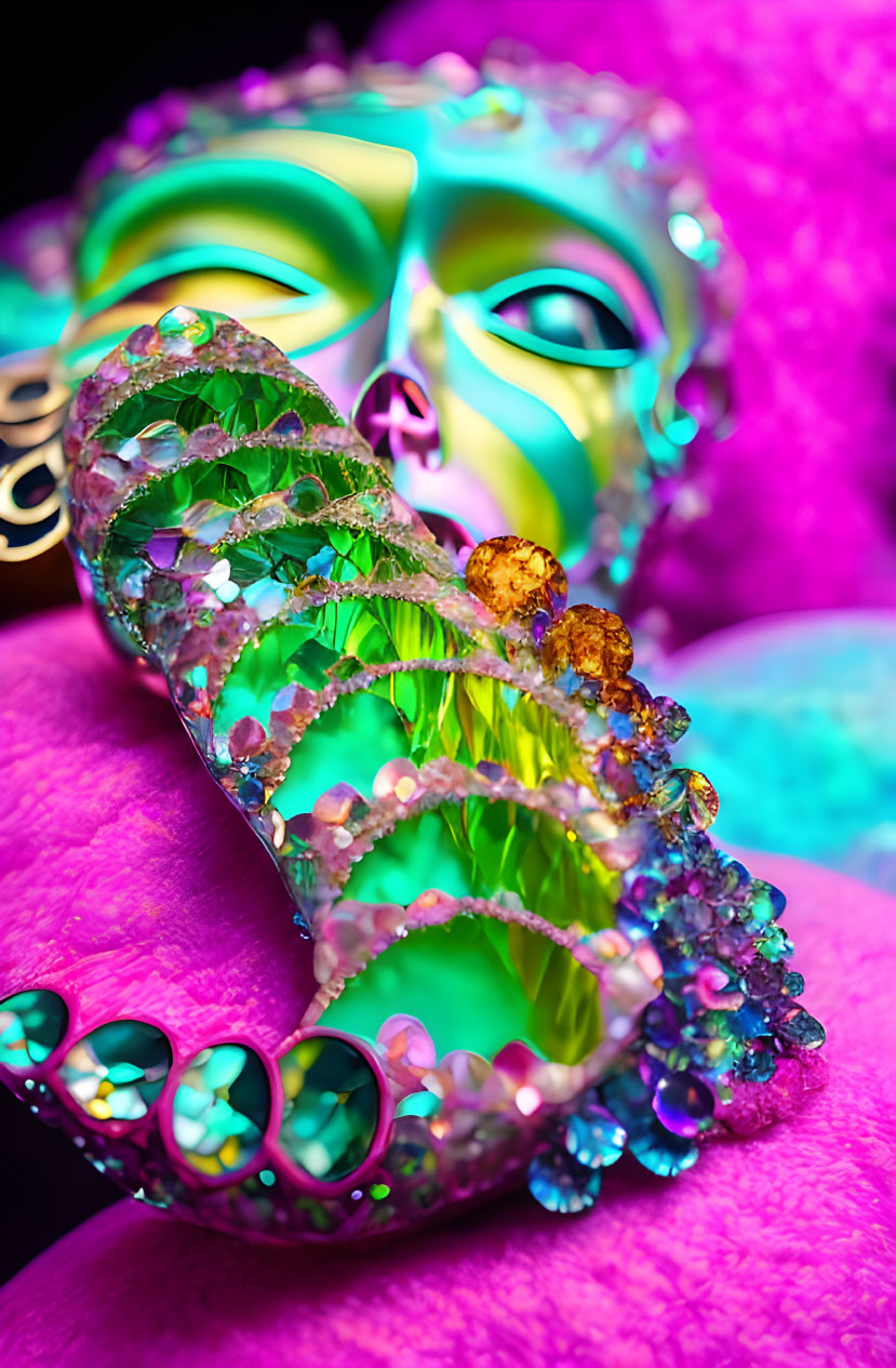 Colorful Masquerade Mask with Gemstones on Pink Surface