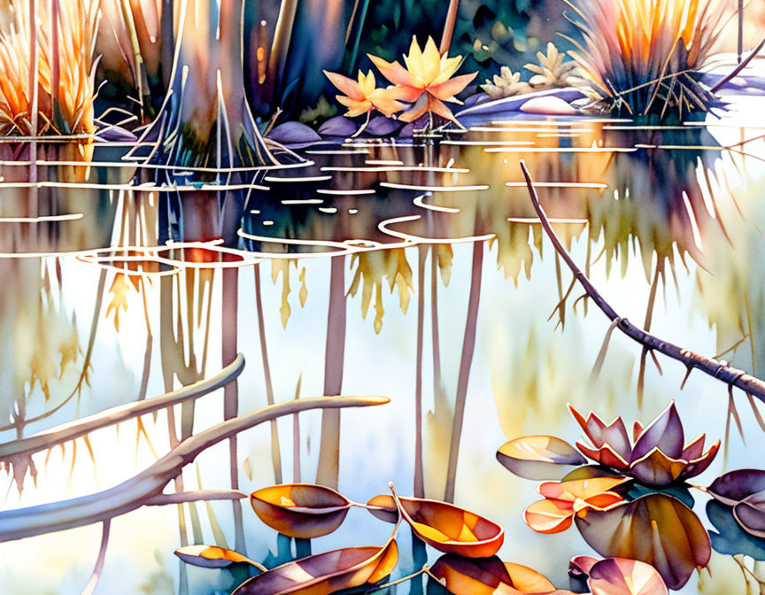 Tranquil pond scene with water lilies and ripples