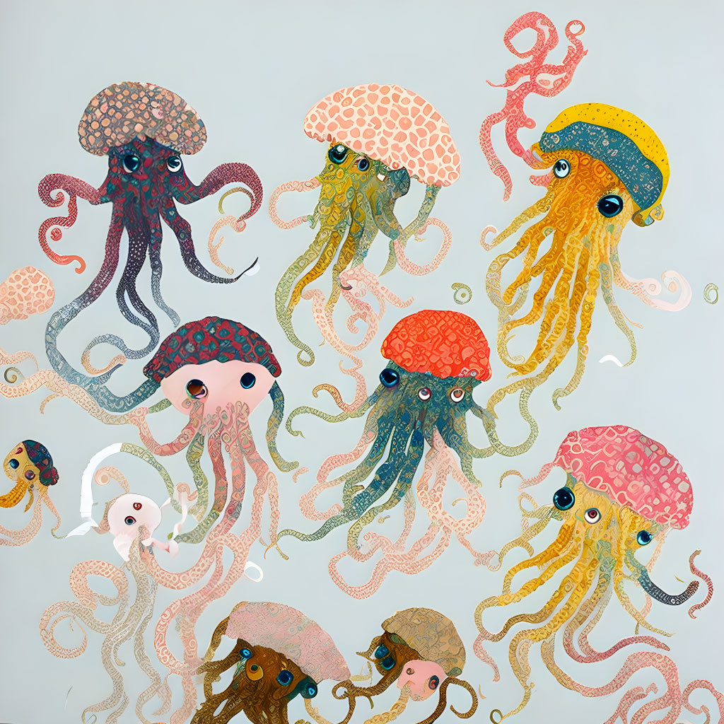 Vibrant octopus illustrations with unique patterns on pale backdrop