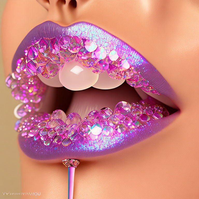 Sparkling purple lips with glitter and sequins, touched by gem-topped wand.