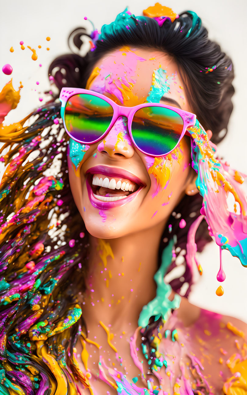 Colorful Paint Splashes Adorn Joyful Woman in Pink Sunglasses