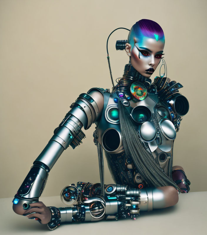 Colorful makeup on humanoid female robot with intricate mechanical details on tan background