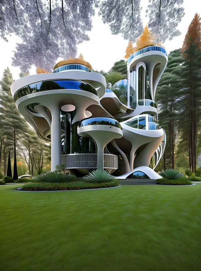 Futuristic multi-level white treehouse with curved walls and glass windows