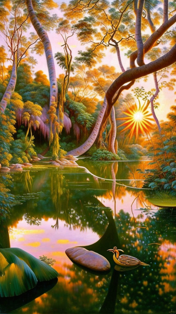 Tropical forest sunset with duck, twisting trees, and serene pond