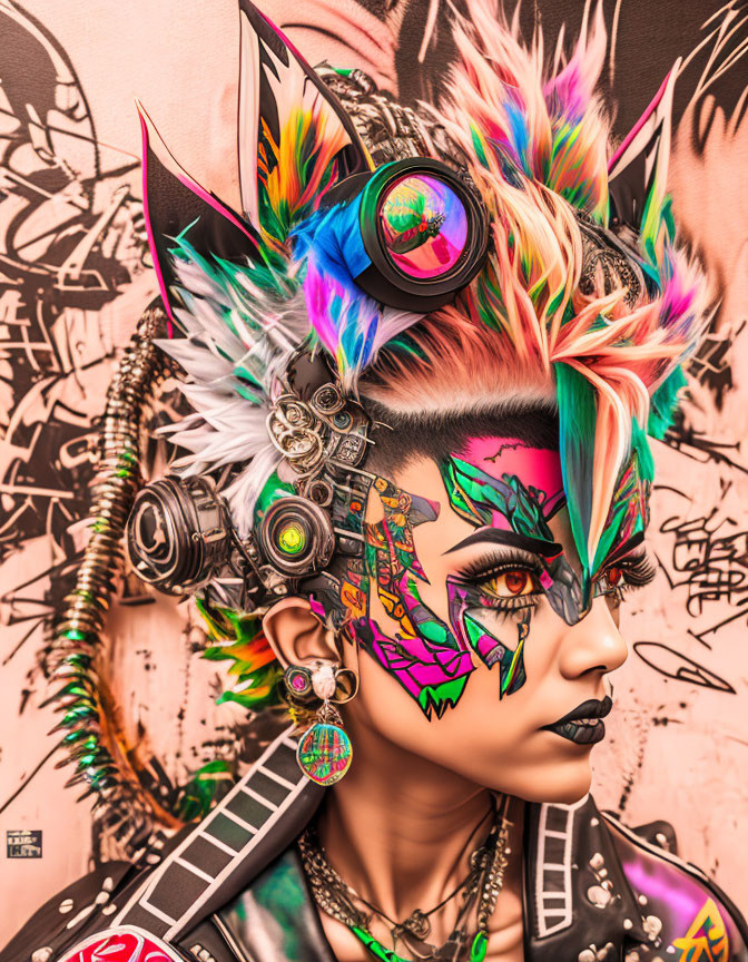 Colorful cyberpunk portrait with spiked hair and cybernetic eye.