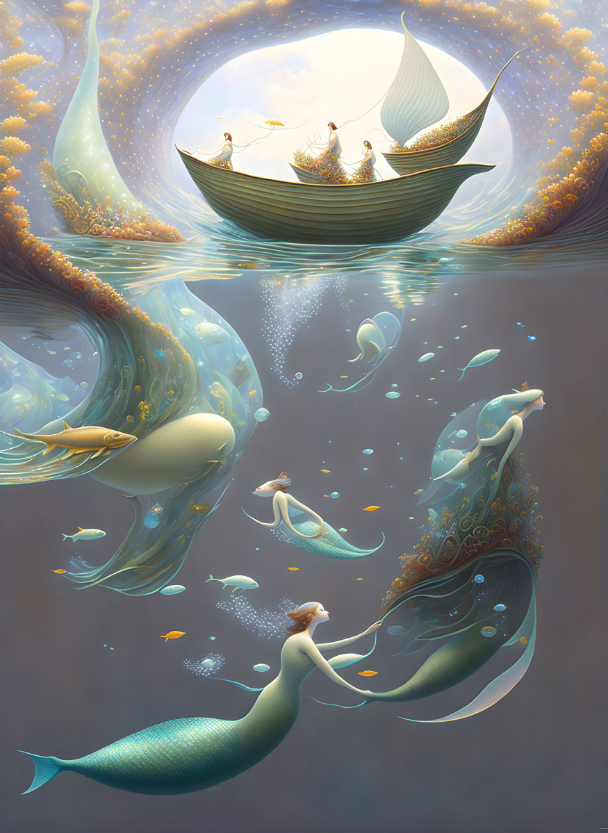 Fantastical boat scene with people, mermaids, and fish in a circle