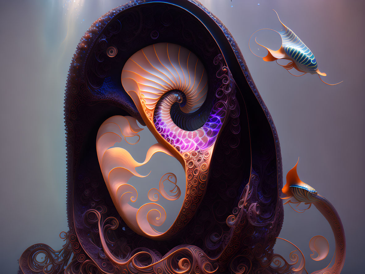 Fractal seashell and colorful fish in surreal digital artwork