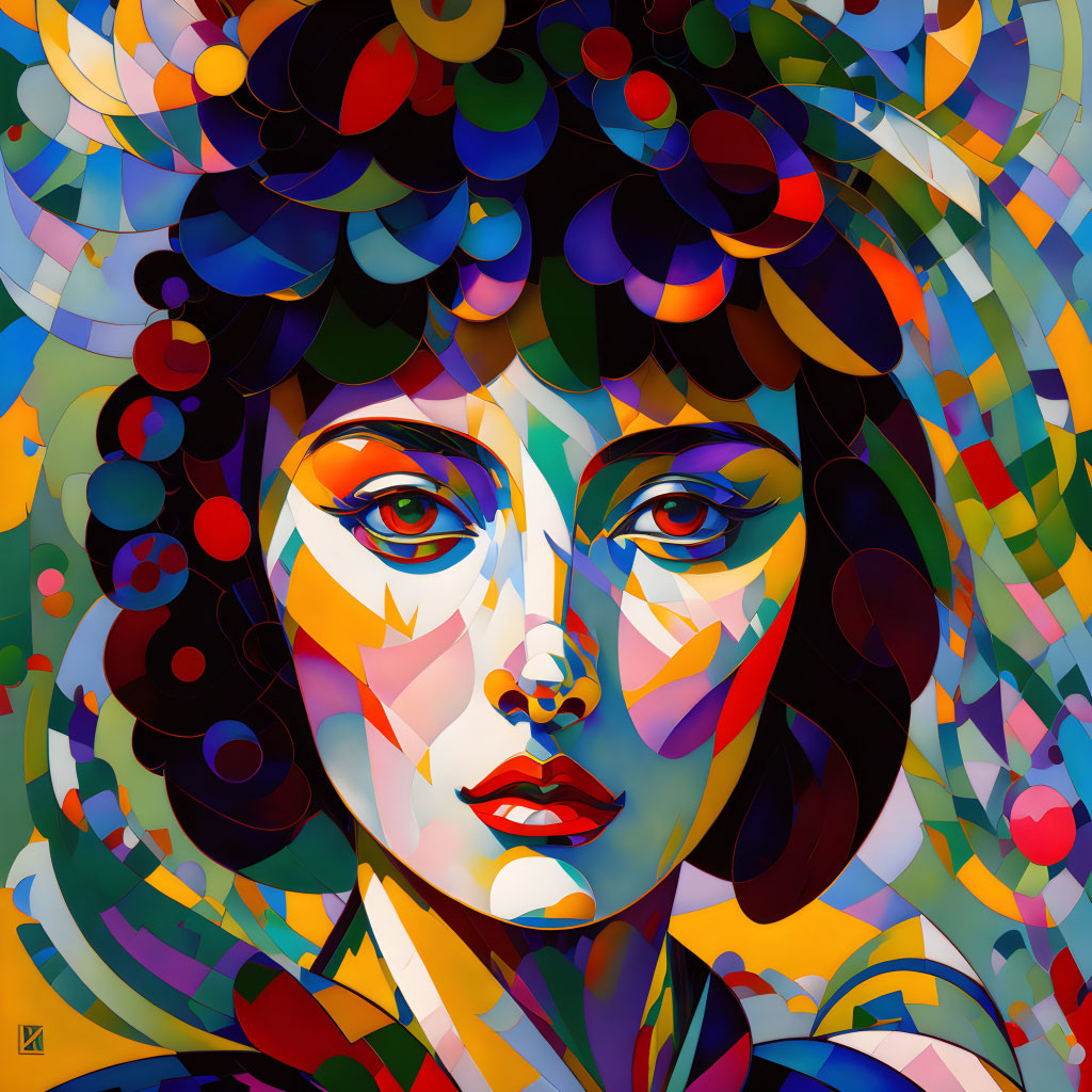 Vibrant geometric portrait of a woman with colorful patterns and shapes