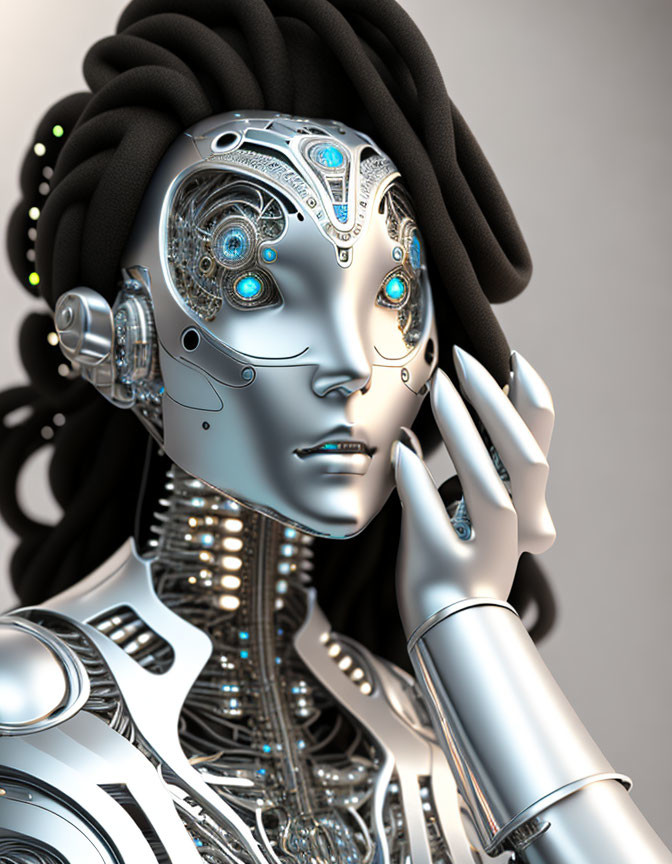 Detailed image of humanoid-faced robot with intricate mechanical designs and blue eyes.