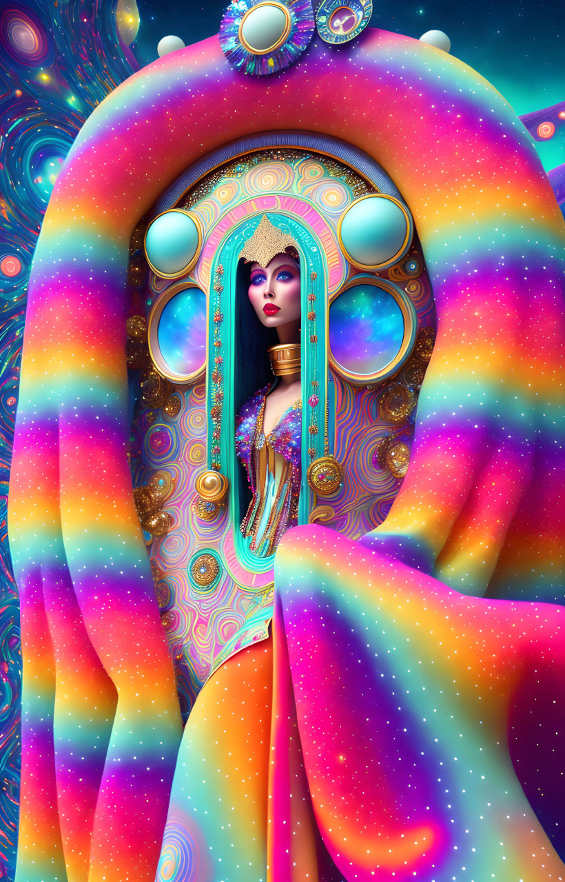 Colorful digital artwork of stylized woman under cosmic archway.