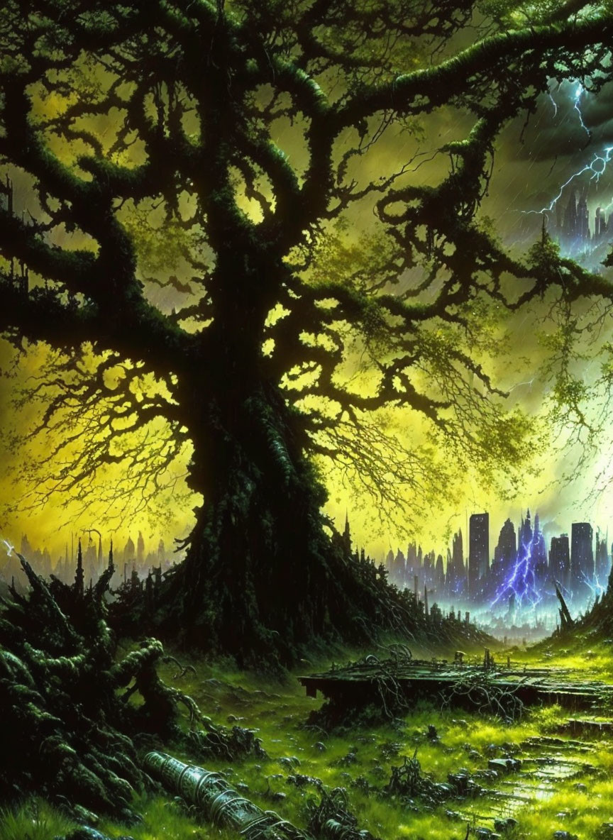 Gnarled tree in mystical landscape with lightning near futuristic city