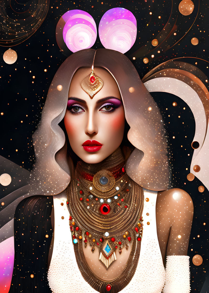 Vivid cosmic-themed makeup and jewelry on a mystical woman