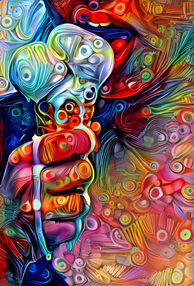 model enjoys ice cream, color swirls