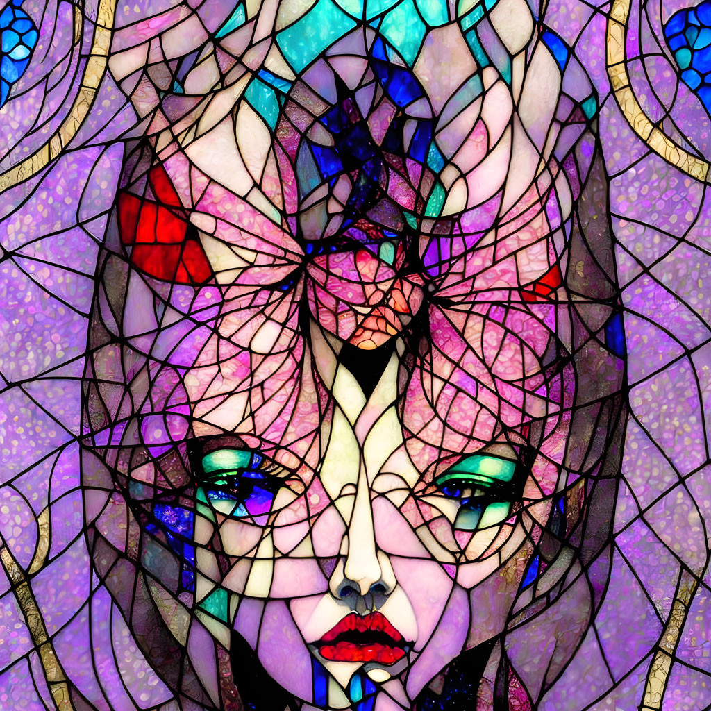 Colorful Stained Glass-Style Woman's Face with Butterfly Motif