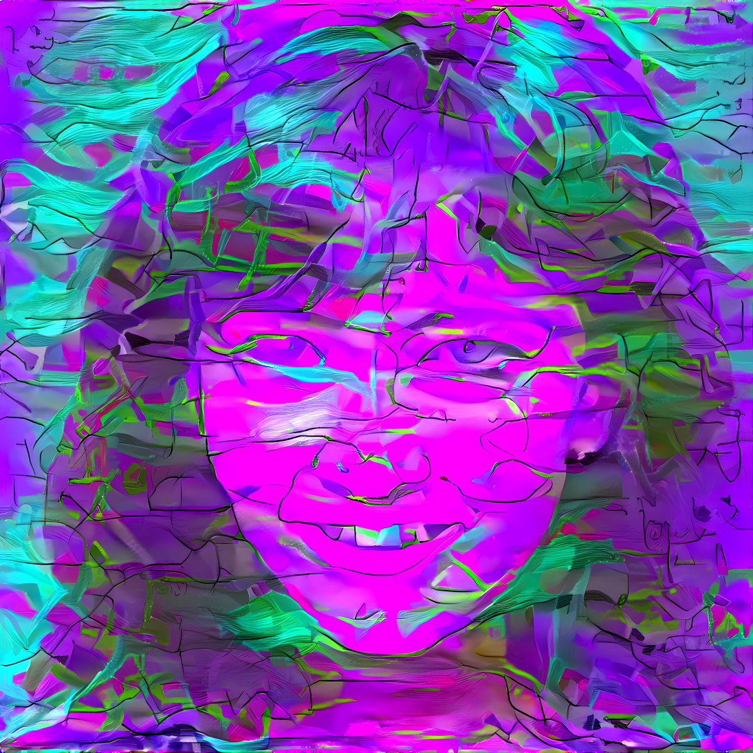 model smiling, purple, aqua, pink, painting