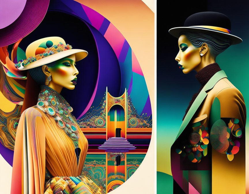 Stylized portraits of women with elaborate hats and colorful, psychedelic backgrounds