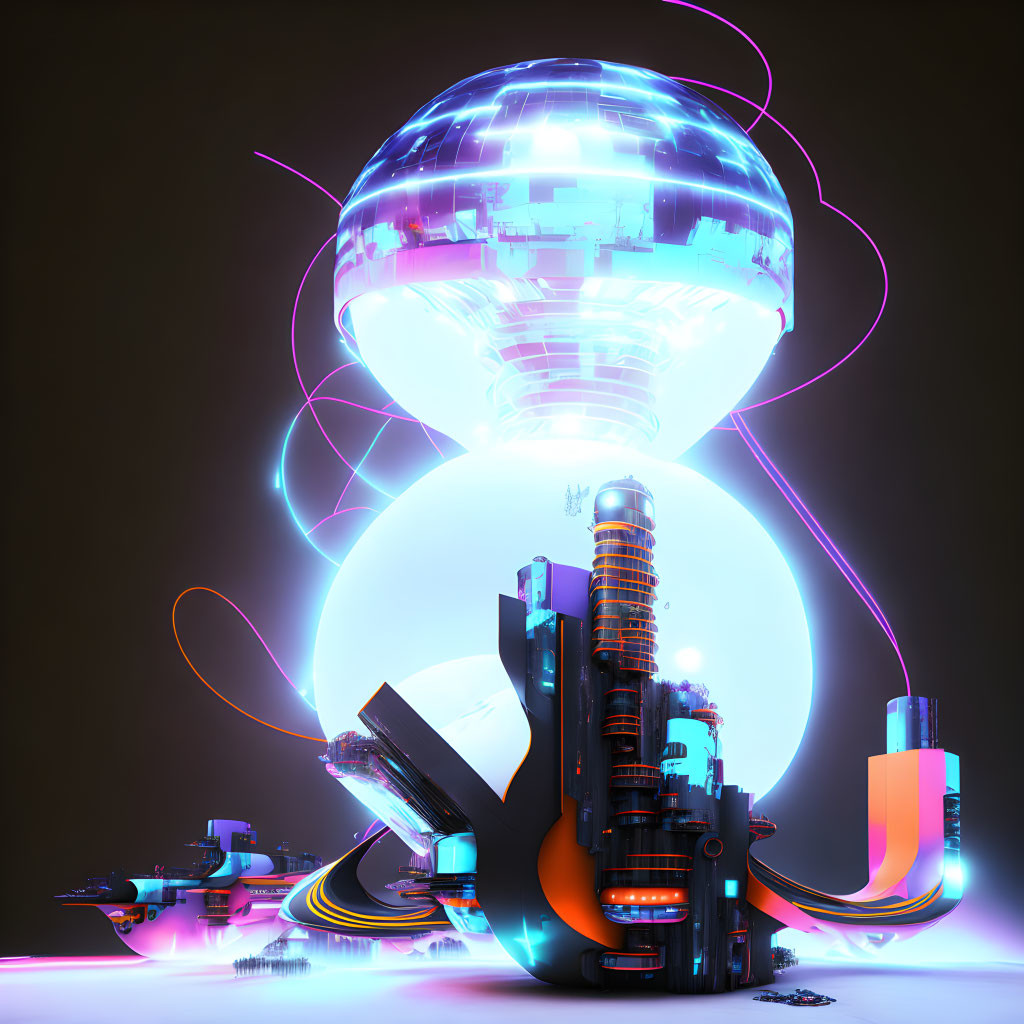 Futuristic neon-lit structure with glassy orb and techno-industrial elements