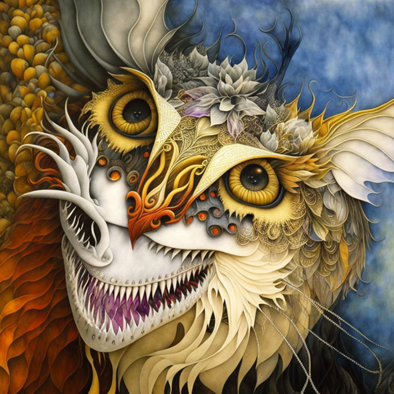 Colorful surreal artwork: creature with owl-like eyes, intricate feathers, sharp teeth on cloudy sky background